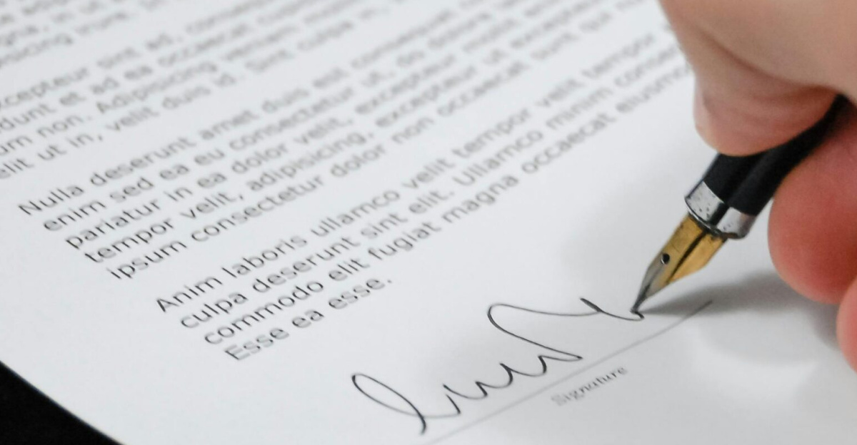 Close-up of a hand signing a legal document with a fountain pen, symbolizing signature and agreement.