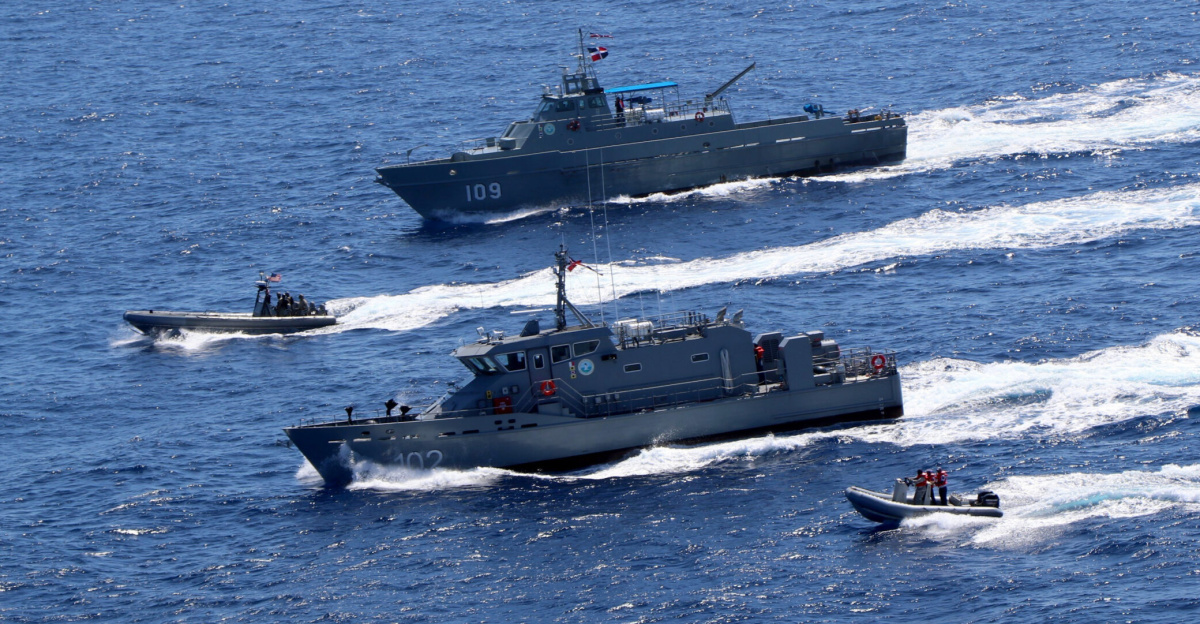 210324-N-N3764-0006
CARRIBEAN SEA (March 24, 2021) The Dominican Republic Near Coastal Patrol Vessel Betelguese (GC 102) and Coastal Patrol Vessel Orion (GC 109) conduct a bi-lateral maritime exercise with the Freedom-variant littoral combat ship USS Wichita (LCS 13), March 24, 2021. Wichita is deployed to the U.S. 4th Fleet area of operations to support Joint Interagency Task Force South’s mission, which includes counter illicit drug trafficking in the Caribbean and Eastern Pacific. (U.S. Navy courtesy photo/Released)