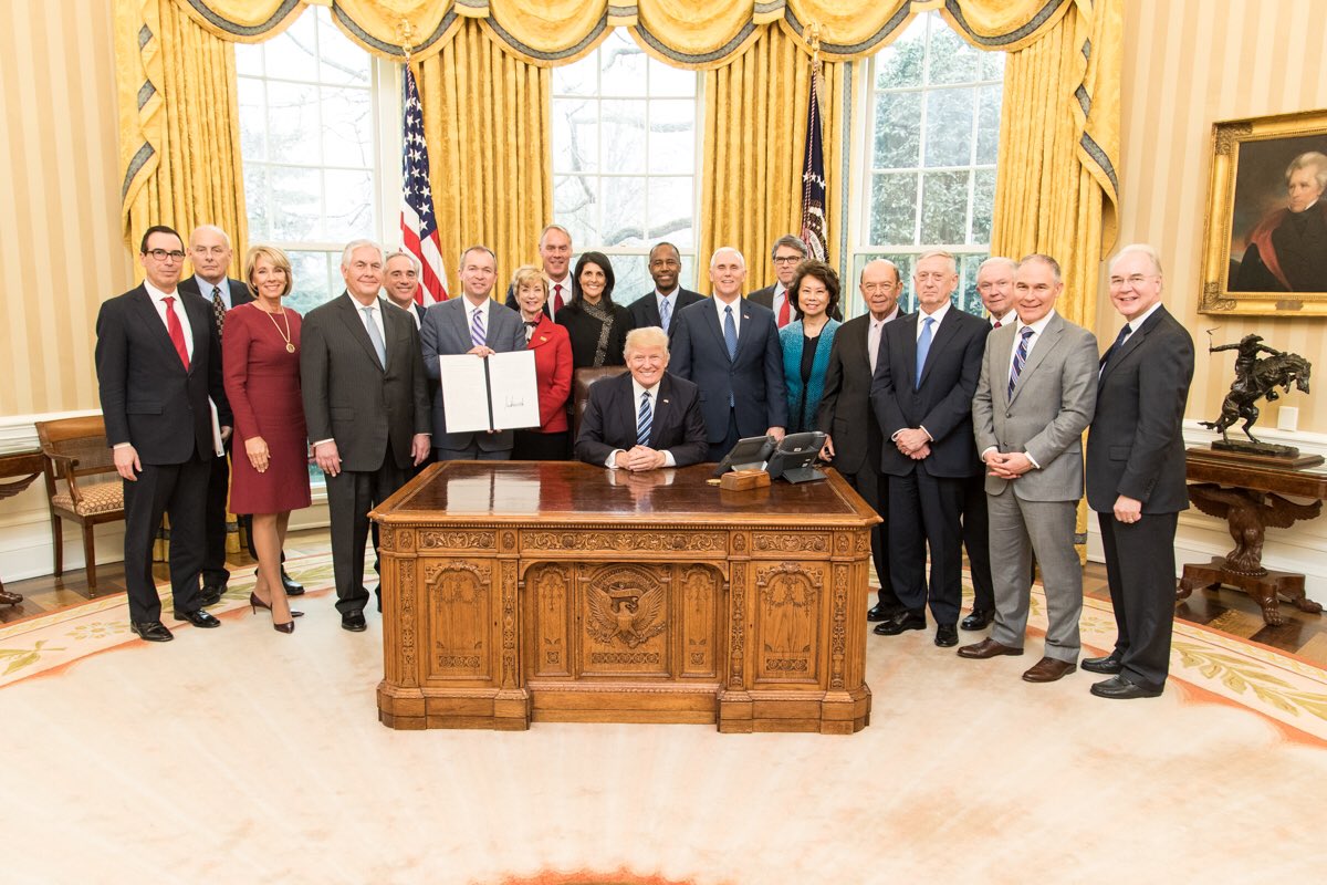 Group photo of most of the Trump cabinet in March 2017 Photo was tweeted with the text Proud to welcome our great Cabinet this afternoon for our first meeting Unfortunately 4 seats were empty because Senate Dems are delaying