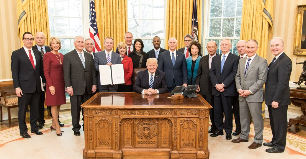 Group photo of most of the Trump cabinet in March 2017. Photo was tweeted with the text: "Proud to welcome our great Cabinet this afternoon for our first meeting. Unfortunately 4 seats were empty because Senate Dems are delaying!"