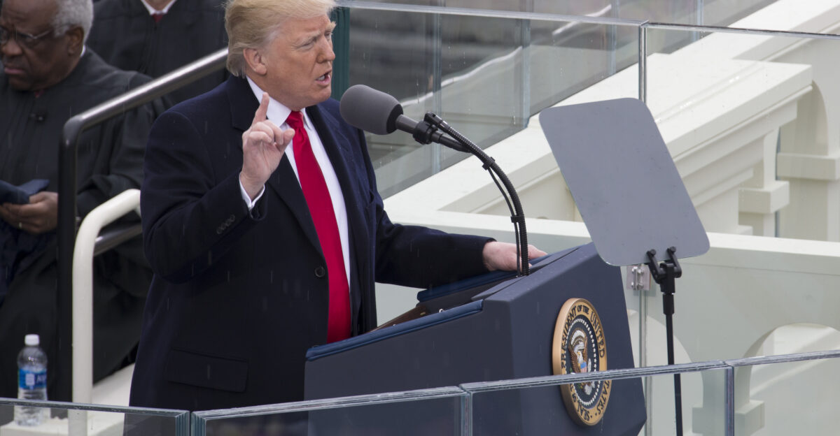 President Donald J Trump delivers his presidential inaugural address during the 58th Presidential Inauguration at the U S Capitol Building Washington D C Jan 20 2017 More than 5 000 military members from across all branches of the armed forces of the United States including Reserve and National Guard components provided ceremonial support and Defense Support of Civil Authorities during the inaugural period DoD photo by U S Marine Corps Lance Cpl Cristian L Ricardo