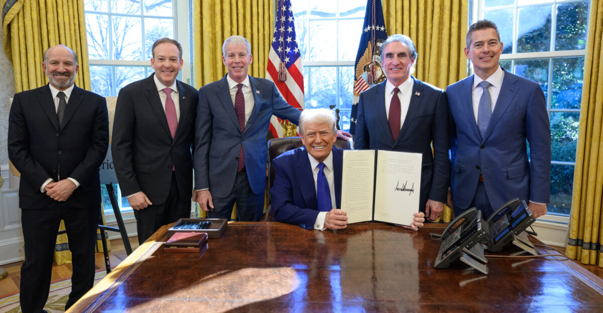 U S President Donald Trump accompanied by Commerce Secretary nominee Howard Lutnick Environmental Protection Agency Administrator Lee Zeldin Energy Secretary Chris Wright Interior Secretary Doug Burgum and Transportation Secretary Sean Duffy