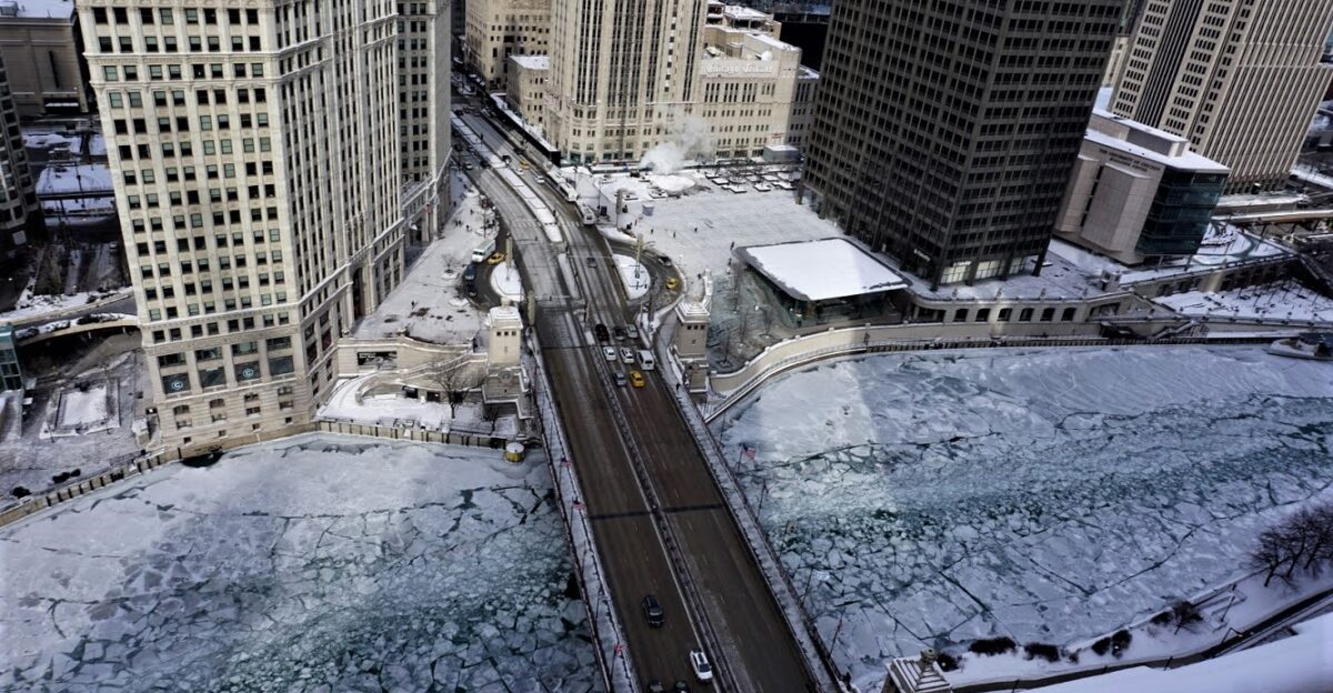 Chicago river frozen during 2019 polar vortex February 1 2019 Photo taken from the London House rooftop bar balcony