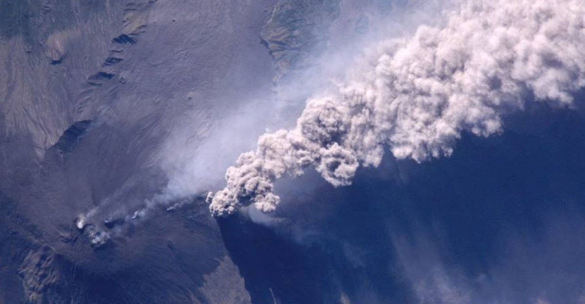 An Expedition Two crewmember aboard the International Space Station (ISS) captured this overhead look at the smoke and ash regurgitated from the erupting volcano Mt. Etna on the island of Sicily, Italy. At an elevation of 10,990 feet (3,350 m), the summit of the Mt. Etna volcano, one of the most active and most studied volcanoes in the world, has been active for a half-million years and has erupted hundreds of times in recorded history. ISS image ISS002E9639.