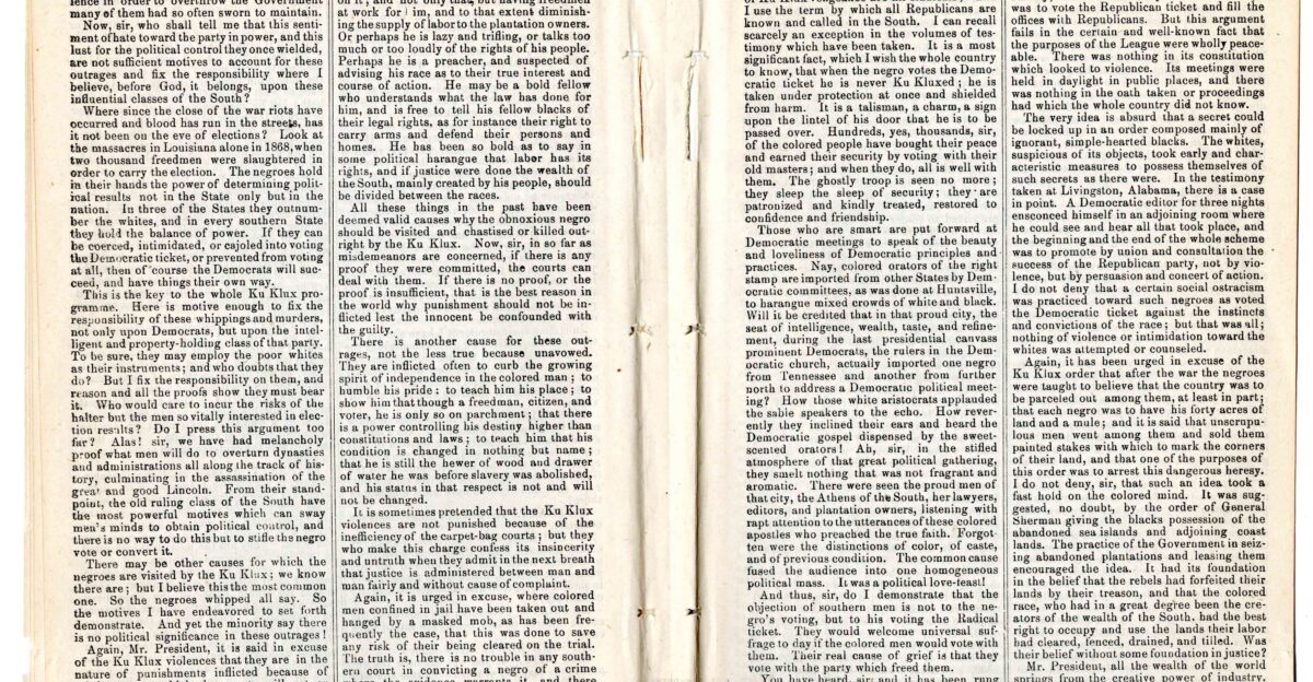 This is a speech entitled Extension of Ku Klux Act It was given by Hon Daniel D Pratt representative from Indiana delivered in the U S Senate on May 17 1872