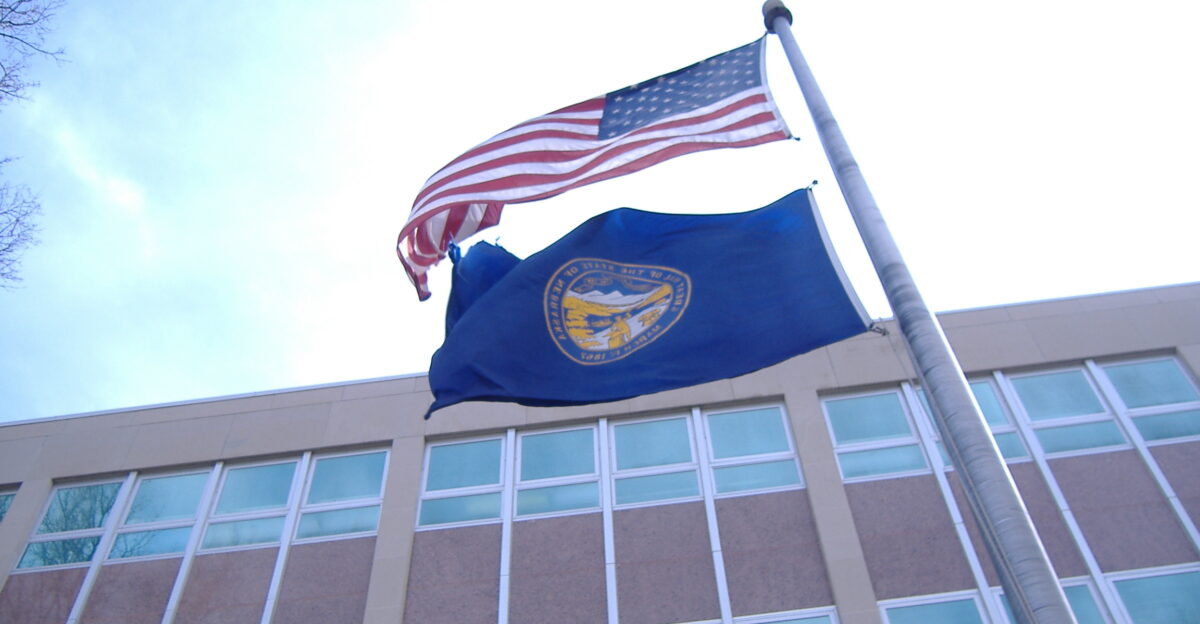 Flags of Nebraska and the United States at the Labor Department building