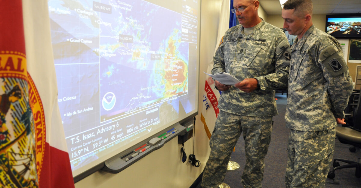 Master Sgt James Kersey left and Sgt 1st Class Chris Brunner of the 53rd Infantry Brigade Combat Team monitor the track of Tropical Storm Isaac from the Florida National Guard s Joint Emergency Operations Center in St Augustine Fla Aug 22 2012 The Florida National Guard was monitoring official forecasts for the storm in anticipation of the storm reaching Florida