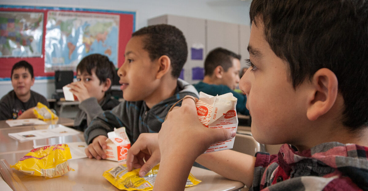 A Harmony Hills Elementary School student in Silver Spring MD does not care for orange juice in the morning but drinks it anyways because he know it s good for him on Friday March 8 2013 Today is the inaugural International School Meals Day and Mr Damien Grasso s 5th grade class was paired with Mrs Karen McAllister s class at Dalry Primary School in North Ayrshire United Kingdom using a real-time online video connection the children are able to share some of the healthy eating and physical activity choices available to them USDA s Food and Nutrition Service administers several programs that provide healthy food to children including the National School Lunch Program the School Breakfast Program the Child and Adult Care Food Program the Summer Food Service Program the Fresh Fruit and Vegetable Program and the Special Milk Program Administered by State agencies each of these programs helps fight hunger and obesity by reimbursing organizations such as schools child care centers and after-school programs for providing healthy meals to children Harmony Hills participates in the Maryland Meals for Achievement MMFA In-Classroom breakfast program the fresh fruit and vegetable program and the summer food service program Learn more by visiting and twitter USDANutrition USDA Photo by Lance Cheung