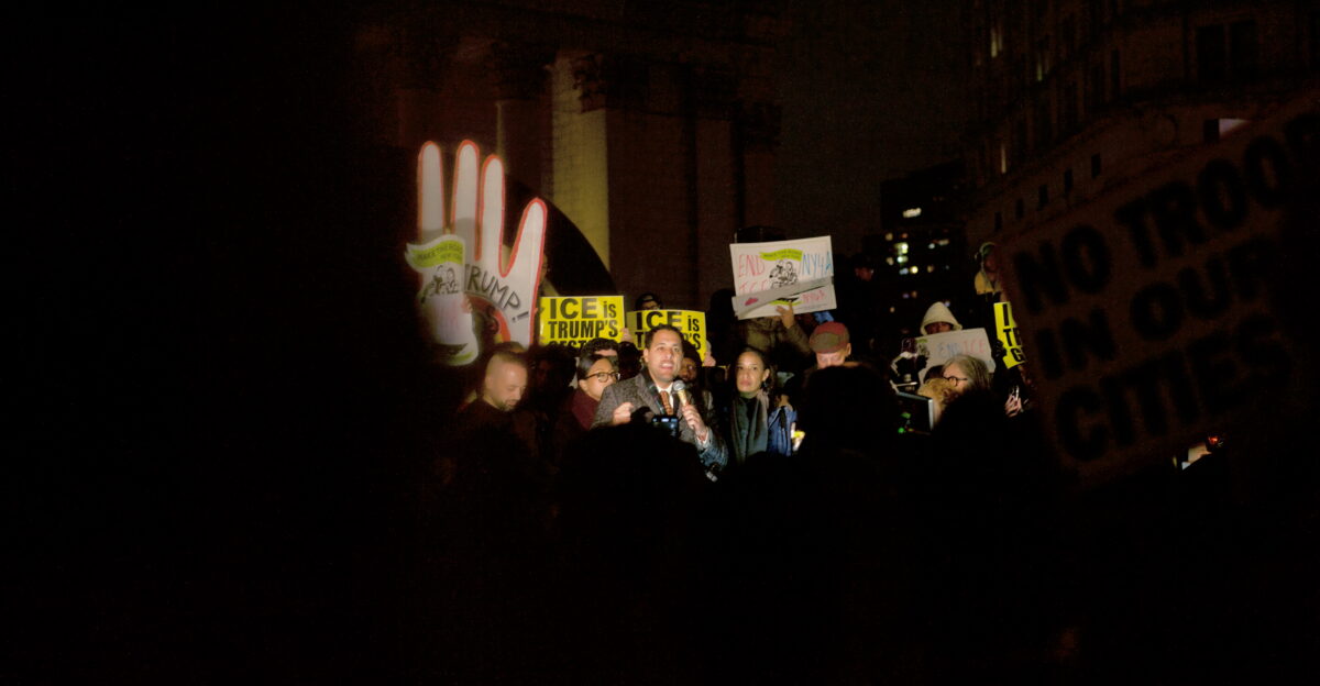 Protesters at Foley Square by the federal government building protesting the ICE killing of Renee Good hours earlier People spoke at the monument before walking around 26 Federal Plaza and ending back at Foley Square