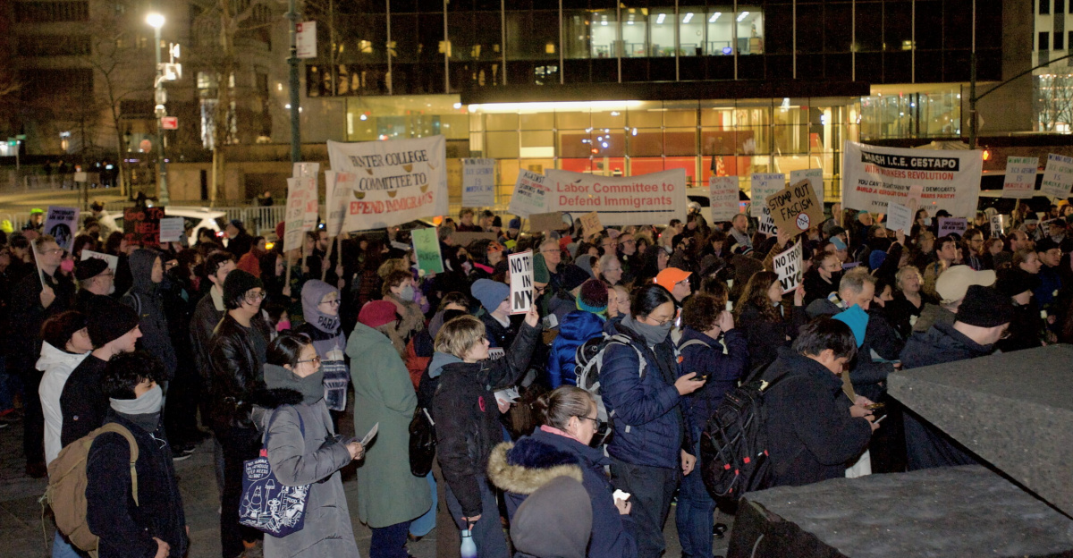 Protesters at Foley Square by the federal government building protesting the ICE killing of Renee Good hours earlier. People spoke at the monument, before walking around 26 Federal Plaza, and ending back at Foley Square.