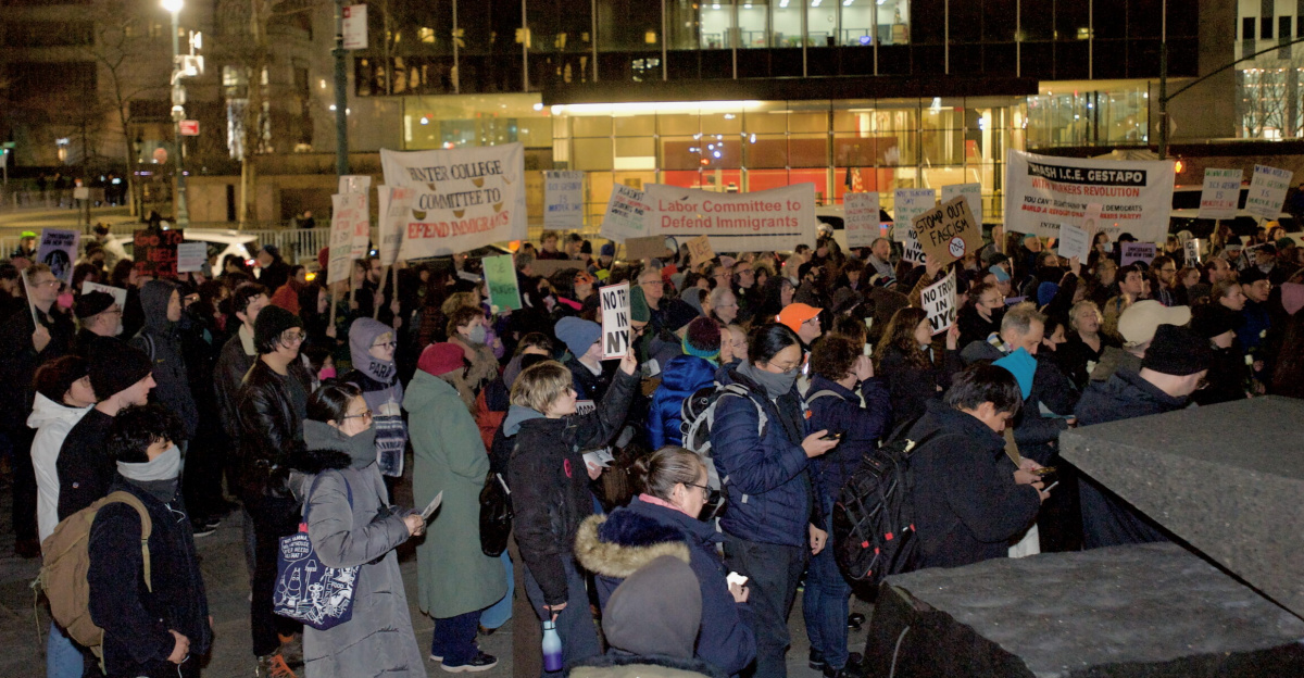 Protesters at Foley Square by the federal government building protesting the ICE killing of Renee Good hours earlier. People spoke at the monument, before walking around 26 Federal Plaza, and ending back at Foley Square.