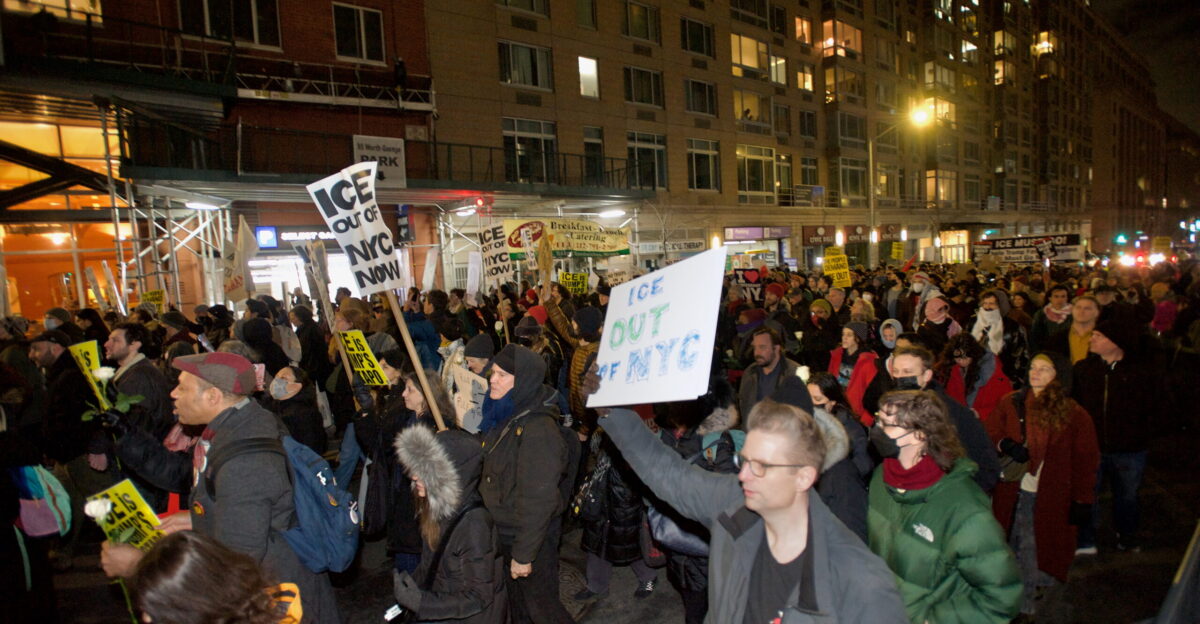 Protesters at Foley Square by the federal government building protesting the ICE killing of Renee Good hours earlier People spoke at the monument before walking around 26 Federal Plaza and ending back at Foley Square