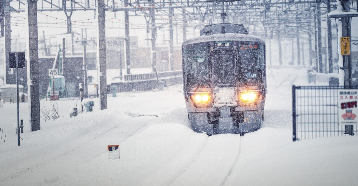 train, snowstorm, snow, winter, northern lake biwa, nature, japan