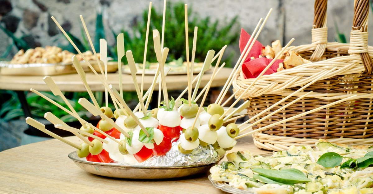 skewers, food, party, chunks, mozzarella, olives, celebration, appetizer, vegetables, dish, table, party, party, party, party, party