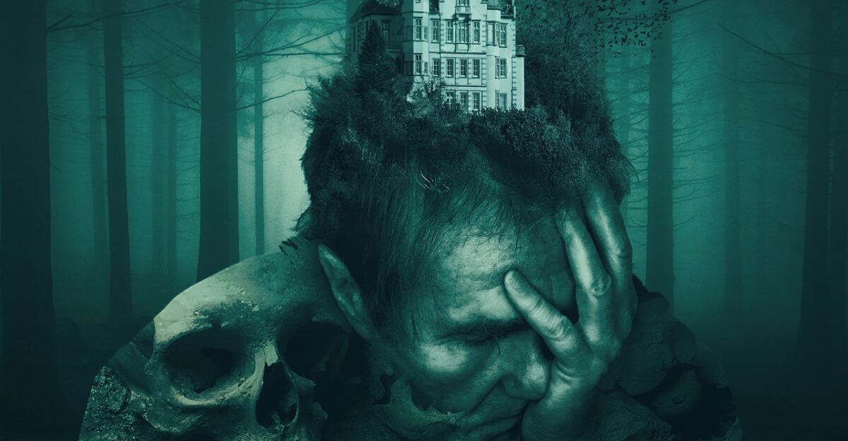 depression dark horror mental illness depressed man alone psychic loneliness wood trees skull anxiety pain sadness house birds flying dark atmosphere composing book cover photoshop nature photomanipulation