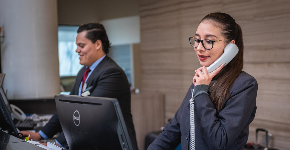 receptionists, phone call, hotel, reception, woman, man, work, attention, lobby, employees, professional, company, assistance, hotel, hotel, hotel, hotel, hotel, reception