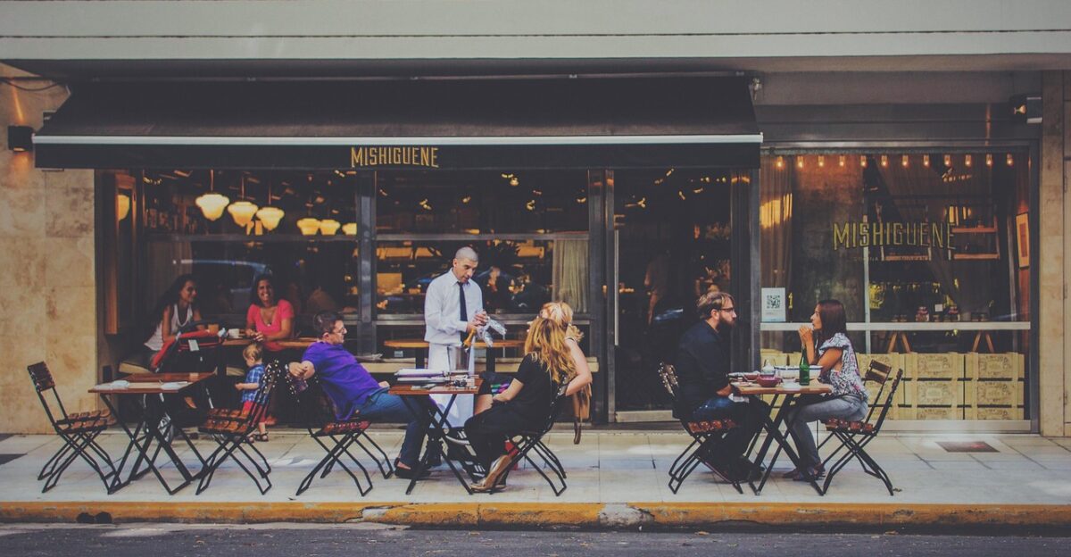 outdoor dining restaurant bar waiter al fresco city customers group patrons people street tables chairs restaurant restaurant restaurant restaurant restaurant