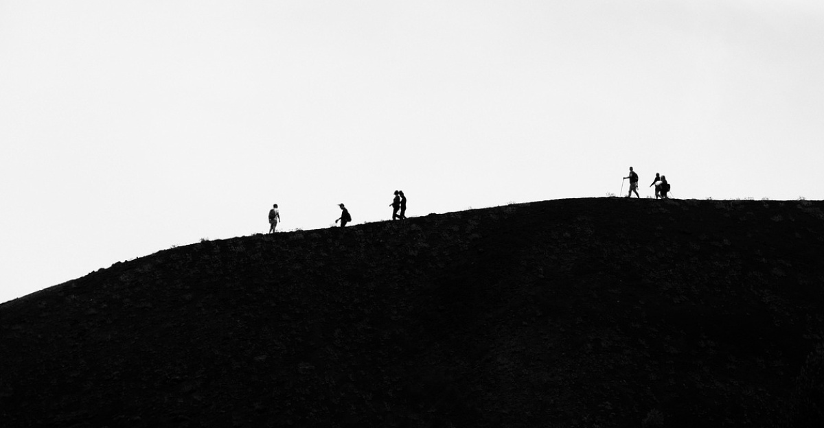 hikers, nature, hiking, mountain climbing, mountaineering, landscape, black and white, etna, sicily, mount etna