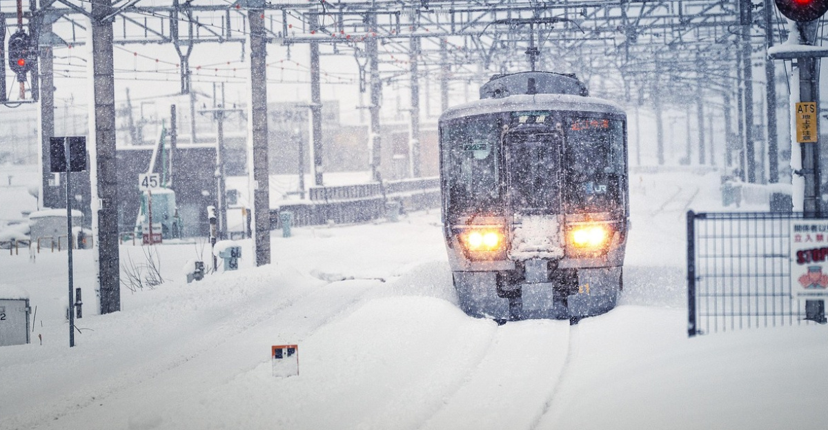 train, snowstorm, nature, snow, winter, northern lake biwa, japan