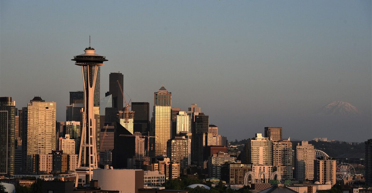 seattle downtown landmark space needle sunset nature city buildings cityscape