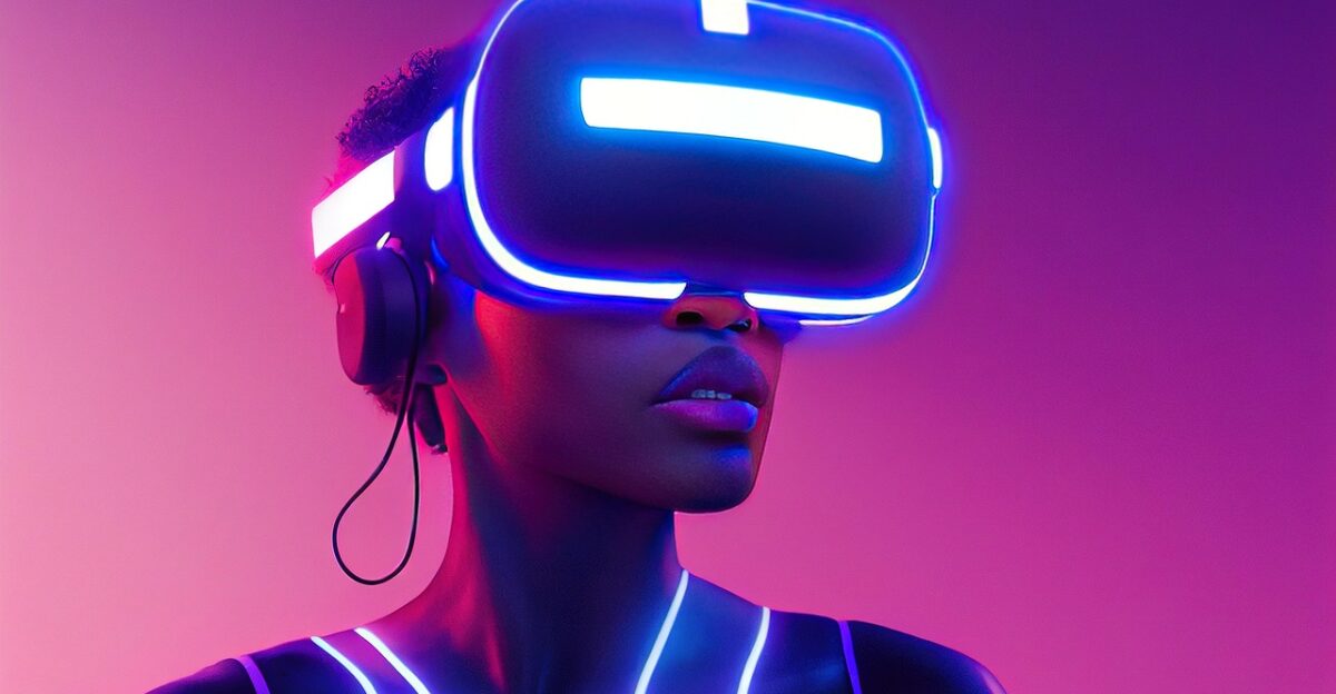 xr mr mixed reality virtual reality augmented reality african american female woman lady girl black metaverse america pink purple blue neon lighting