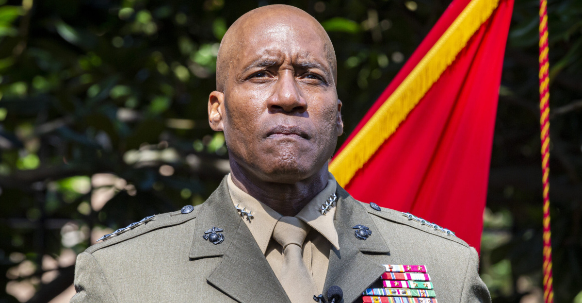 U.S. Marine Corps Gen. Michael E. Langley stands at attention during his promotion ceremony at Marine Barracks Washington, D.C., August 6, 2022. Gen. Langley, who began his career in the Marine Corps as an artillery officer in 1985, is the first Black Marine to be promoted to the rank of General.