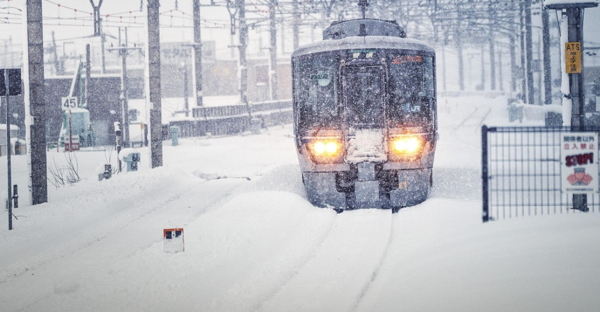 train, snowstorm, nature, snow, winter, northern lake biwa, japan