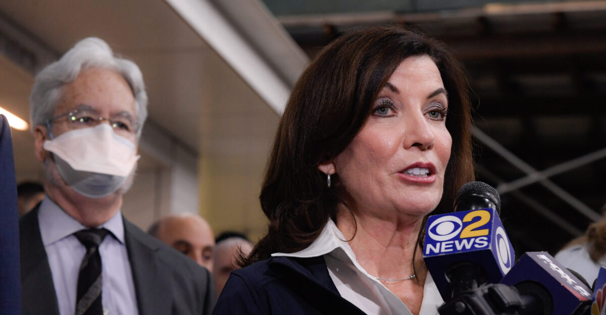 Gov Kathy Hochul Director of State Operations Kathryn Garcia and MTA Chair CEO Janno Lieber ride a subway in Manhattan on Tuesday Apr 12 2022 Marc A Hermann MTA