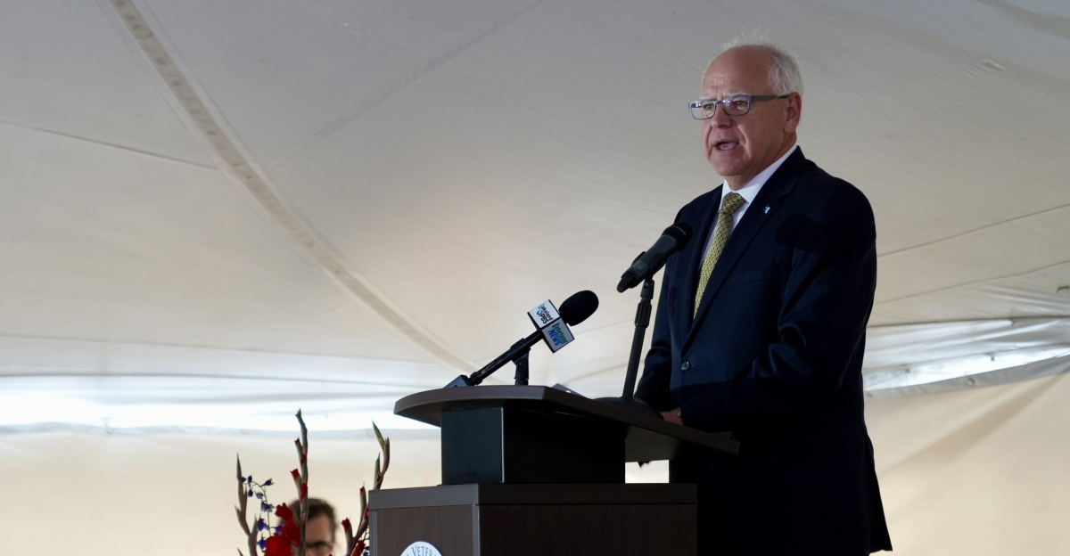 Governor Tim Walz gives a speech at the Bemidji Veterans Home.
