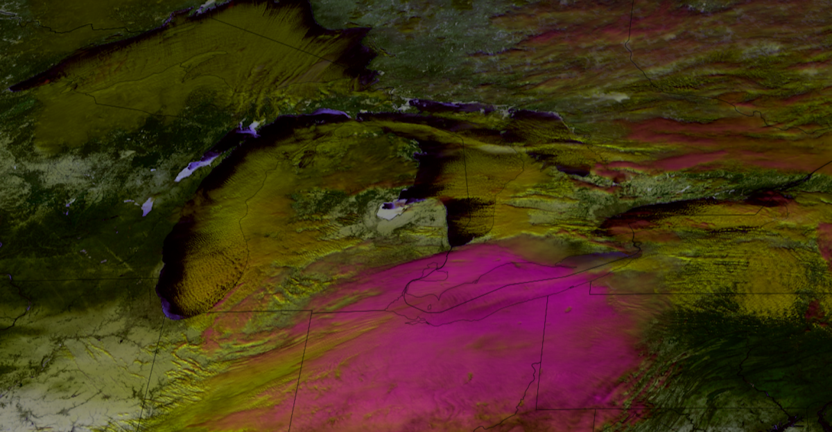 Lake effect snow clouds stream off of the Great Lakes.