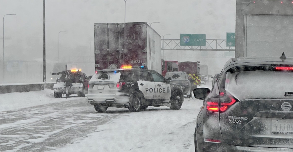 Accident on Interstate 80 in Omaha during the January 2024 winter storm