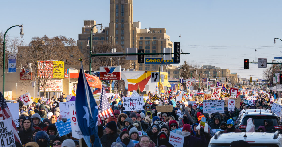 Today with the windchill struggling to reach 0F at times thousands marched down Lake Street in South Minneapolis protesting the actions of ICE ICE Out of Minnesota MINNESOTANS KNOW ICE IS SLIPPERY AND DANGEROUS - IT S TIME TO DE-ICE Immigrants are not the problem