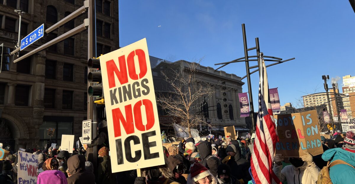 No Kings No ICE protest sign ICE protest in Minneapolis On Hennepin Avenue January 23 2026 Minneapolis Minnesota USA