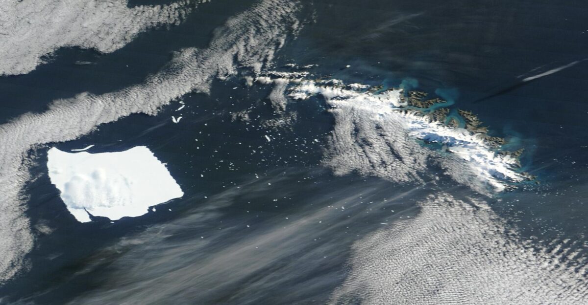 April 11 2025 March 17 2024 In late February 2025 the slow drift of massive Iceberg A23a ground to a halt just off the coast of South Georgia Island Satellite imagery which had followed the course of the largest iceberg on Earth on its long and winding journey since it calved off Antarctica s Filchner-Ronne Ice Shelf in 1986 showed that forward motion appeared to have stopped on February 25 The big berg appears to have become firmly grounded on the shelf that surrounds the remote island remaining stuck well into April On April 11 the Moderate Resolution Imaging Spectroradiometer MODIS on NASA s Terra satellite acquired this true-color image of A23a surrounded by cloud and parked firmly off South Georgia Island This is pared with a second Terra MODIS image acquired on March 17 Clicking on the dates under the images shows that the mega-iceberg appears essentially frozen in the same location with no forward motion It also hasn t turned despite the influence of currents or winds suggesting that it is truly firmly grounded in place A23a also seems to remain nearly the same size but small signs of wear can be seen on the northwestern edge which has shed some ice Several small icebergs can be seen floating near A23a presumably slivers that have calved off the large iceberg in recent days