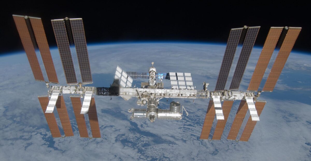 The International Space Station as seen from the departing Space Shuttle Discovery during STS-119 In view are the four pairs of solar arrays mounted along the newly-completed Integrated Truss Structure The newest and final part of the ITS launched on this mission is the S6 truss and arrays visible to the far left of this image
