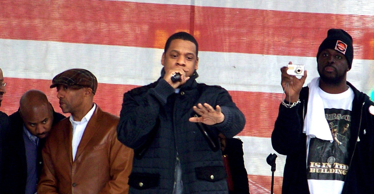 Jay-Z hosts a rally to Barack Obama in Philadelphia on the day before the election. Jay-Z was joined by Mary J. Blige, P.Diddy, and his wife Beyoncé.