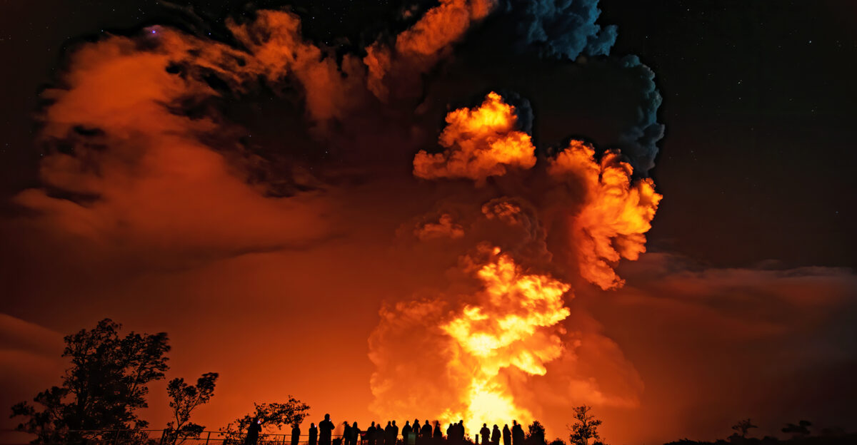 Visitors experience the new summit eruption at K lauea volcano in Hawai i Volcanoes National Park NPS Photo J Wei