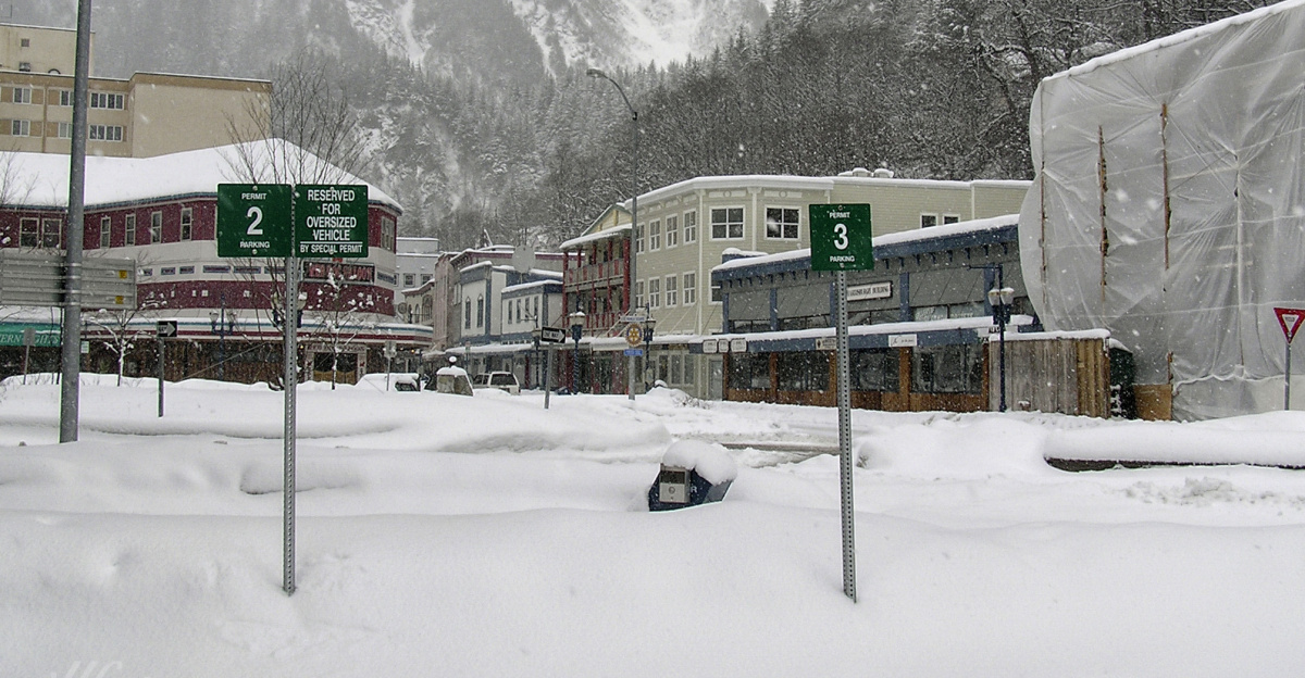 Kirby Day Roundabout, Egan Drive meets Franklin St, Mount Juneau covered in snow, Juneau Downtown Historic District, Southeast Alaska.