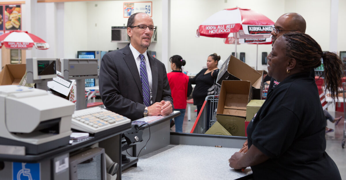 August 2013 - Washington DC - Secretary of Labor Thomas Perez dropped by the grand opening of the new Costco store in Alexandria Va Secretary Perez toured the new store with Costco CEO Craig Jelinek and Costco founder and former CEO Jim Sinegal He also chatted with employees and customers Official Department of Labor Photograph This official Department of Labor photograph is being made available only for publication by news organizations and or for personal use printing by the subject s of the photograph The photograph may not be manipulated in any way and may not be used in commercial or political materials advertisements emails products and or promotions that in any way suggest approval or endorsement of the Secretary or the Department of Labor Photo Credit Department of Labor