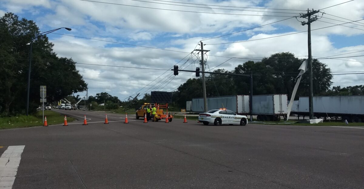 Damage from EF-2 tornado along US92 at Clark Rd in Kathleen which struck just after 11PM on October 18 2019 Photo taken 14 hours later with utility crews attempting to restore power