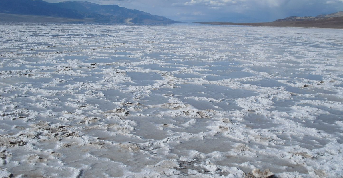Badwater, as it begins to be covered by the temporary waters of Lake Manly in March 2010.
