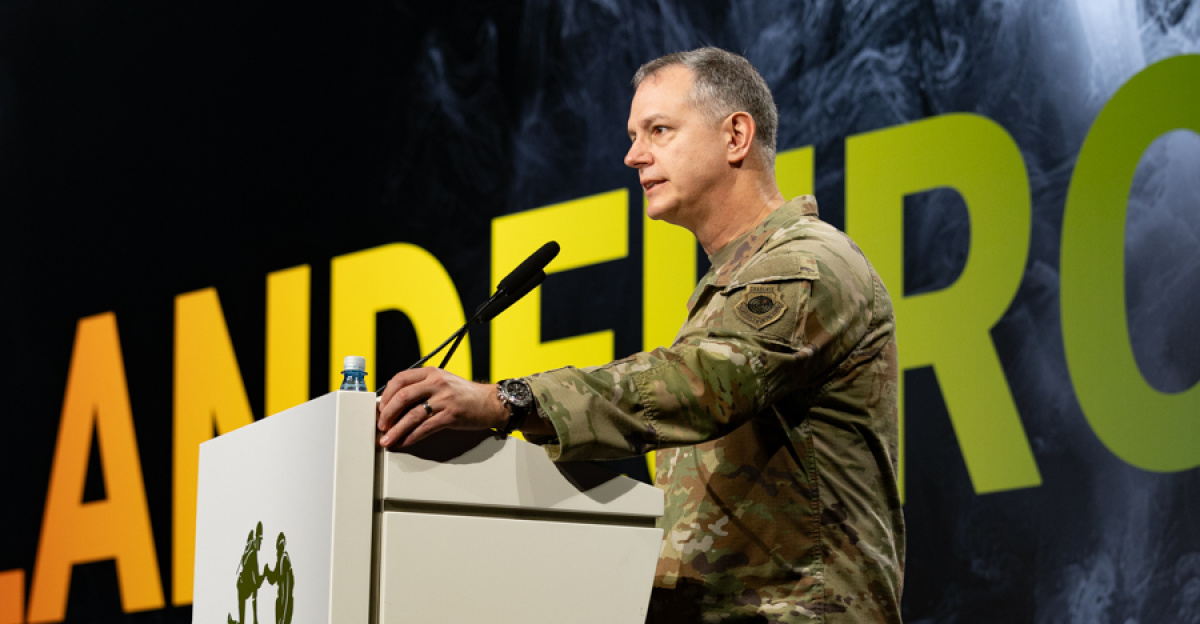 U.S. Air Force Gen. Alexus Grynkewich, Supreme Allied Commander, Europe and Commander of United States European Command, speaks to an audience of Allies and industry personnel during a Keynote Presentation at LANDEURO at the RheinMain CongressCenter in Wiesbaden, Germany, July 17, 2025. LANDEURO brings together industry and Allies to shape and accelerate industrial resilience, strengthening NATO’s force posture, and reinforcing global deterrence. LANDEURO is the launchpad, and USAREUR-AF is the test bed for joint transformation. (U.S. Army photo by Sgt. 1st Class Christopher Osburn)