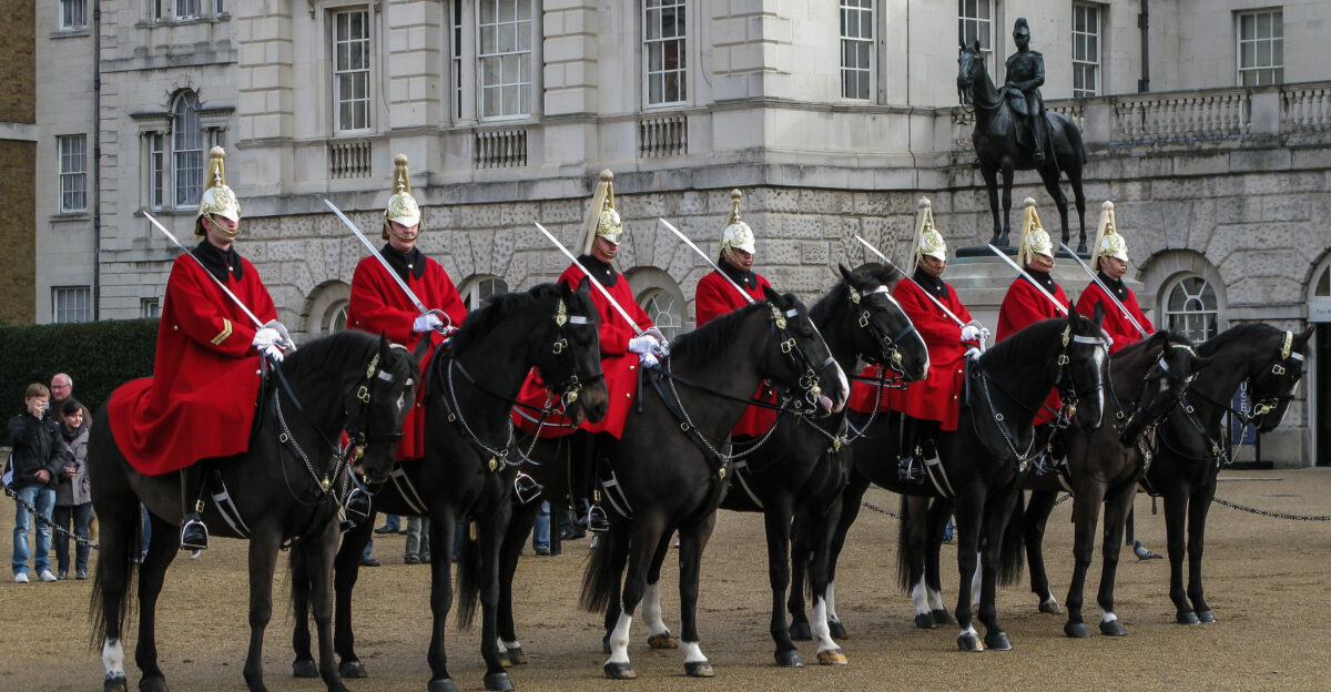 Blues and Royals Royal Horse Guards and 1st Dragoons cavalry regiment of the British Army London England United Kingdomin the background Equestrian statue of the Viscount Wolseley