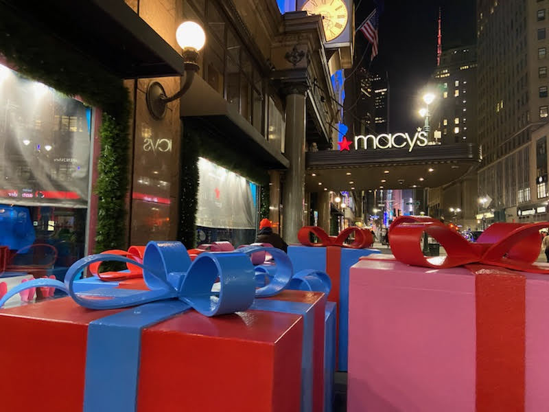 Oversized gift boxes sculptures for Macy s Herald Square Fabrication by Themendous Scenic Studio for Harlequin Design Foam sculpted hard coated and painted Installed on Macy s 34th Street Marquee in November 2020