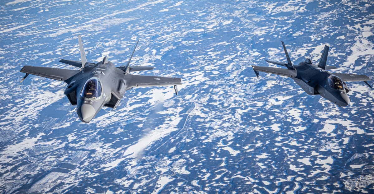 Two Norwegian F-35s form up to receive fuel from a KC-135 Stratotanker assigned to the 101st Air Refueling Wing during Nordic Response 24 March 11 2024 The MAINEiacs are staged at RAF Mildenhall England to take part in the Norwegian-led exercise taking place in Norway Sweden and Finland Exercises like NR24 solidify operational and tactical relationships synchronizing tactics techniques and procedures and strengthen bonds among U S Norwegian and Allied and partner forces