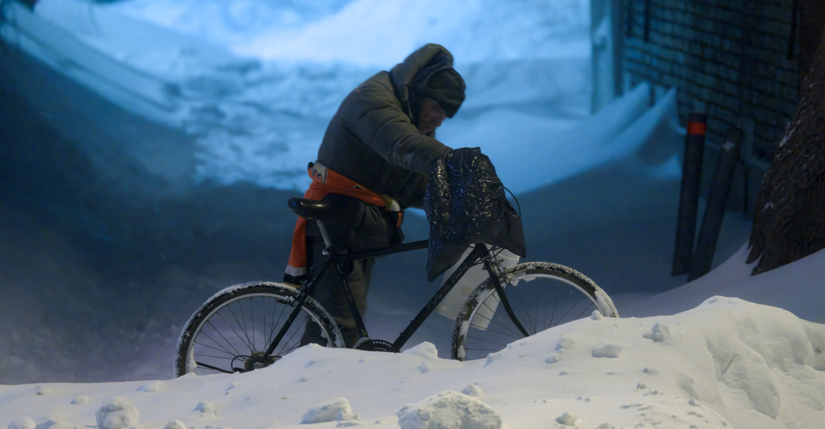 Man wheeling a bicycle in a snowstorm in Quebec city, Quebec, Canada. The face has been blurred out of respect for the person.