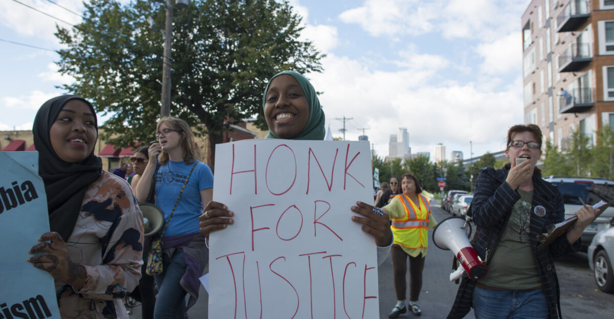 Minneapolis Minnesota September 17 2016 About 200 people gathered in east Minneapolis for a rally and march to to denounce hate speech and hate crimes against Muslims They marched to a nearby Republican Party office to denounce the rhetoric of GOP presidential candidate Donald Trump Protesters also denounced government surveillance of the Somali community 2016-09-17 This is licensed under a Creative Commons Attribution License Give attribution to Fibonacci Blue