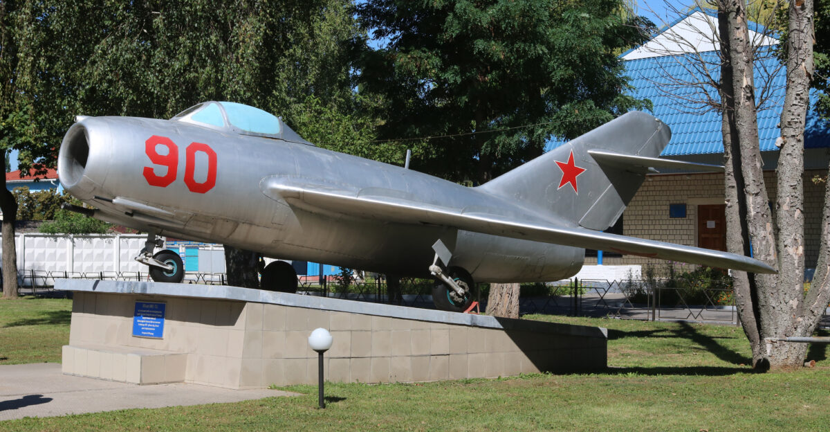 Old Soviet jet fighter MiG-15 Ukrainian Air Force Museum in Vinnytsia This MiG-15 was erected in honor of three times hero of Soviet Union Chief Marshal of Aviation Ivan Kozhedub on the occasion of the 90th anniversary of his birthday on June 8 2010