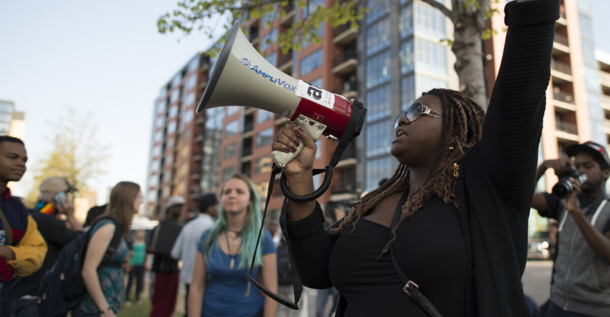 Minneapolis Minnesota April 29 2015 About 1500 people demonstrated and marched through Minneapolis in solidarity with the people in Baltimore Recent Baltimore protests and riots were occurred after the death of Freddie Gray while in police custody Freddie Gray was arrested in Baltimore on April 12 2015 without force or incident according to police reports but he died whlie in police custody due to his neck spinal cord being 80 severed at his neck