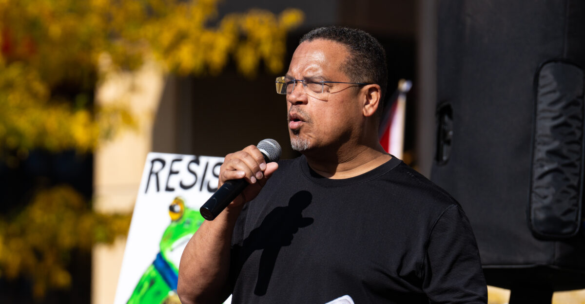 Minnesota Attorney General Keith Ellison speaks at No Kings Minneapolis Thousands protest in Downtown Minneapolis on Saturday October 18 2025 as part of nationwide No Kings protest